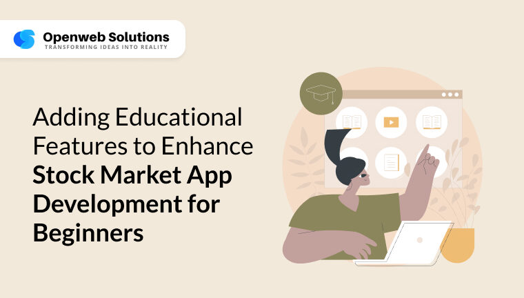 Illustration of educational features in stock market app development for beginners, including tutorials, demo accounts, and market tools.