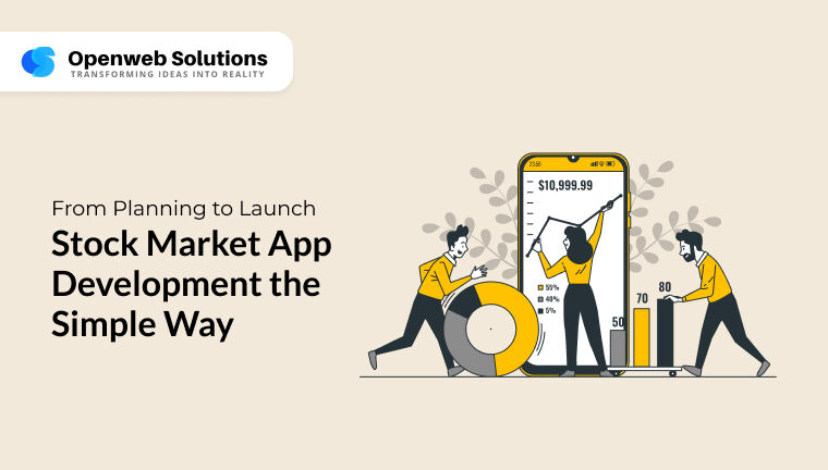 Illustration of fintech professionals designing a stock market app interface with analytics and growth indicators, representing simplified app development for trading platforms in 2025.