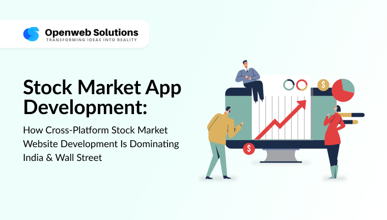 Illustration showing stock market app development with cross-platform support for India and US financial markets