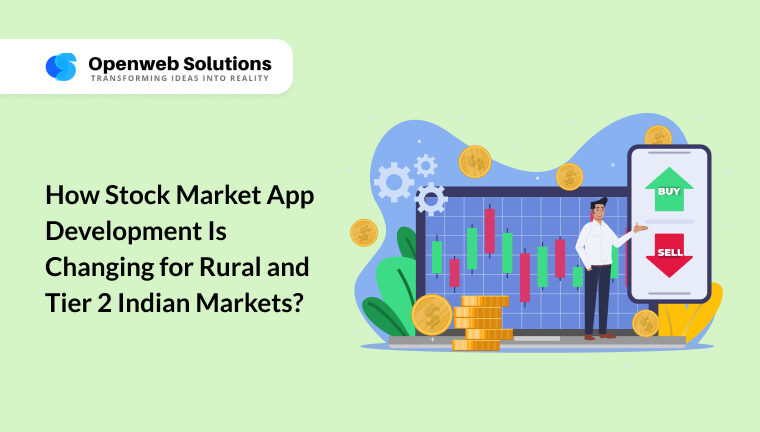 Illustration of a man analyzing stock market charts on a large screen with a mobile app showing buy and sell options, representing stock market app development and financial inclusion in rural and Tier 2 Indian markets.