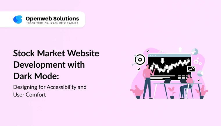 Illustration of developers analyzing stock charts on a dark-themed UI screen, representing stock market website development with dark mode.