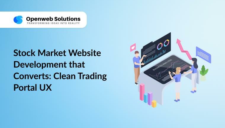 Team designing a trading portal UI with stock charts and growth arrow — Openweb Solutions stock market website development