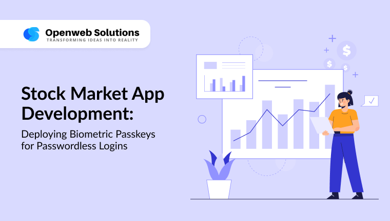 Illustration of a developer reviewing stock charts and dashboards, representing stock market app development with biometric passkeys for passwordless logins.