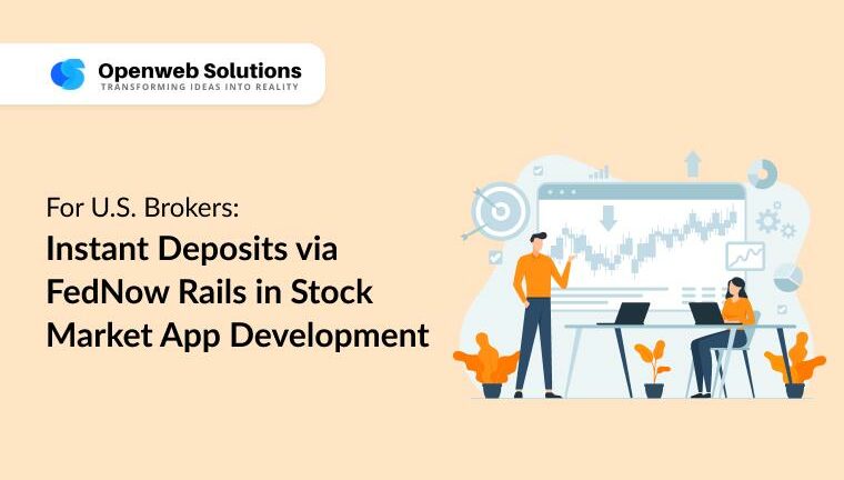 Illustration of U.S. brokers viewing a trading dashboard and chart, highlighting FedNow instant deposits in stock market app development.