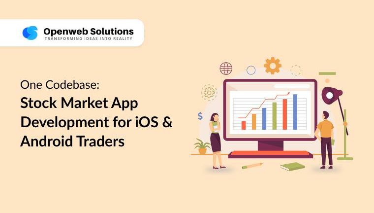 Stock market app development illustration with a growth chart and two traders, highlighting one codebase for iOS & Android.