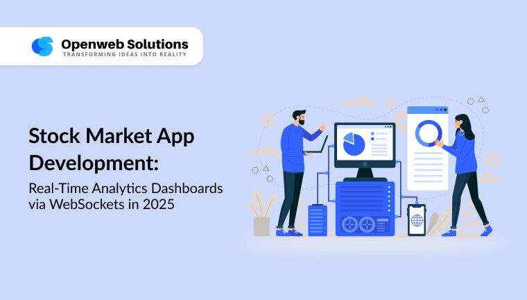 Illustration of two developers reviewing real-time stock market analytics on desktop and mobile dashboards for a 2025 WebSocket-powered app
