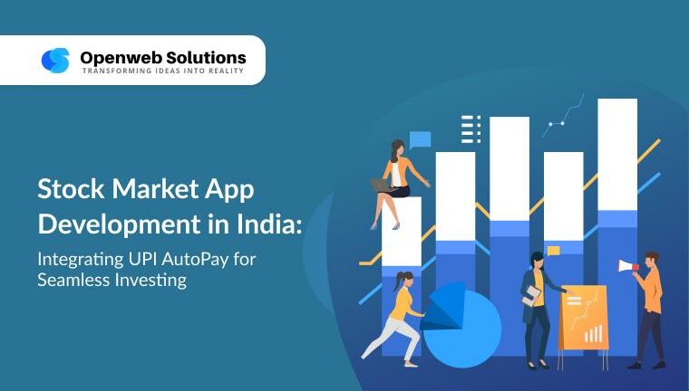 Illustration of stock market app development in India with UPI AutoPay integration, showing charts and investors.
