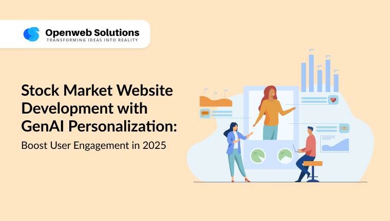 Illustration of investors interacting with a personalized stock-market analytics dashboard, symbolizing GenAI-powered website development for 2025.