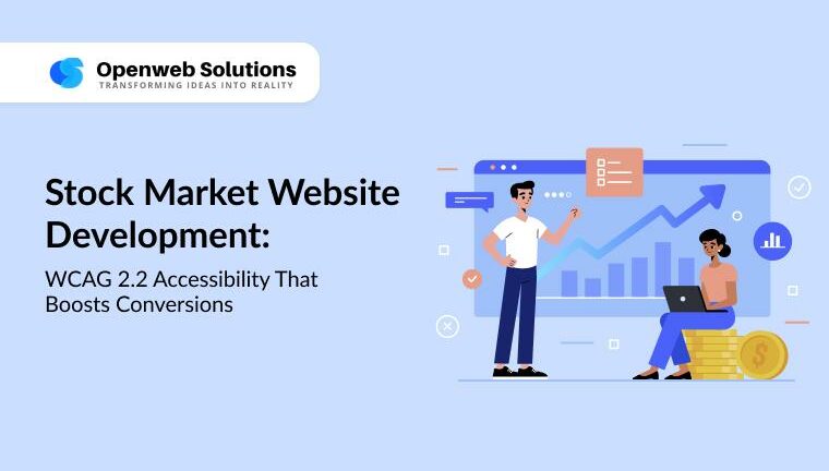 Feature image for stock market website development with WCAG 2.2 accessibility, two people analyzing a rising chart on a laptop.