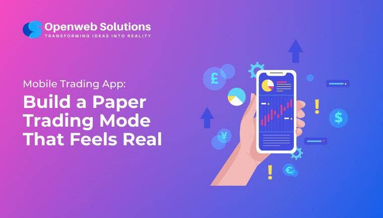 Mobile trading app paper trading mode illustration – hand holding smartphone with stock charts, currency icons, and analytics, showing how to build a realistic trading simulator for investors.