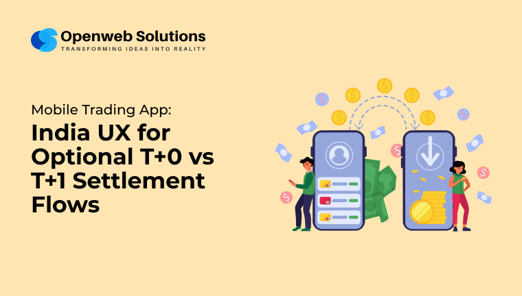 Mobile trading app India UX showing optional T+0 and T+1 settlement flows with two smartphones, users, money icons, and coins