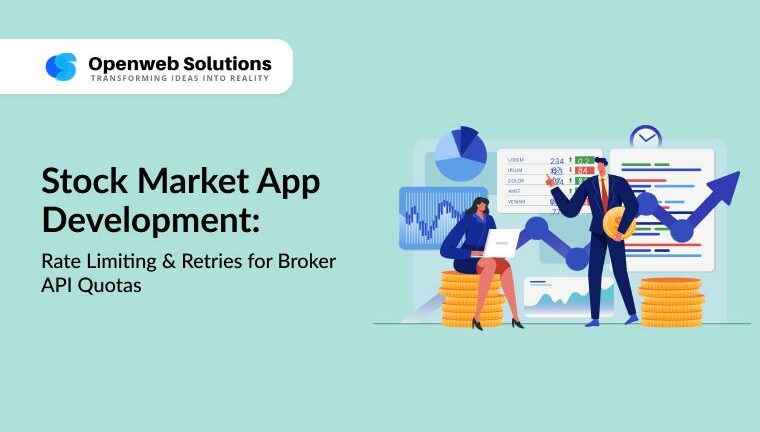 Illustration of two analysts with charts, coins, and an upward arrow, highlighting stock market app development using rate limiting and retries for broker API quotas.