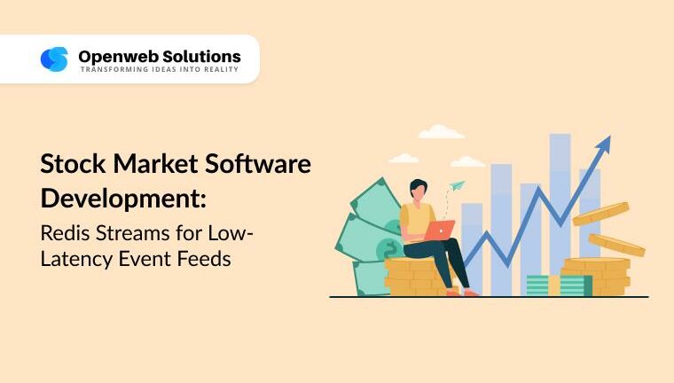 Trader on a laptop beside rising charts, illustrating Redis Streams enabling low-latency event feeds in stock market software development.