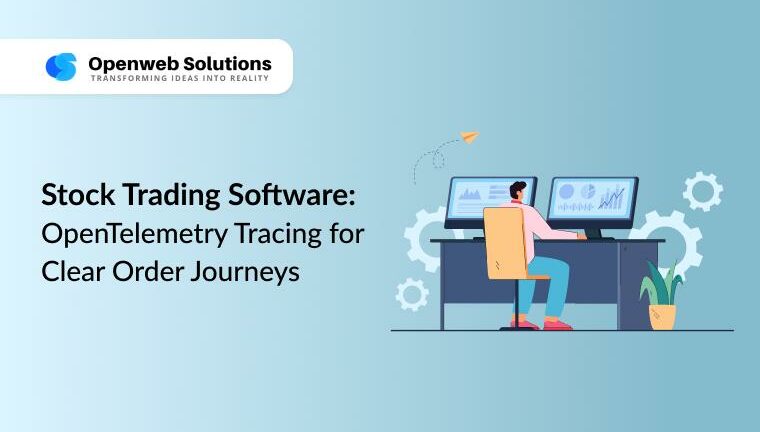 Illustration of an engineer monitoring stock trading software dashboards with OpenTelemetry tracing to visualize clear order journeys.