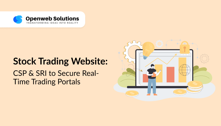 Stock trading website feature graphic with charts, a padlock, coins, and a trader, showing CSP and SRI security for real time trading portals by Openweb Solutions.