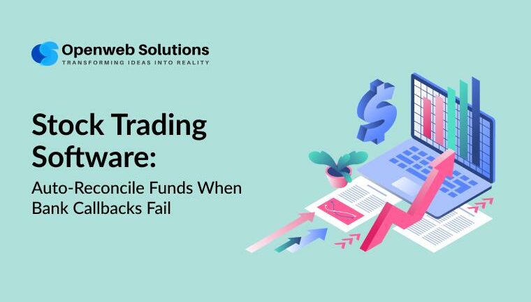 Illustration of stock trading software auto reconciling funds on a laptop chart with arrows and a dollar sign, Openweb Solutions.