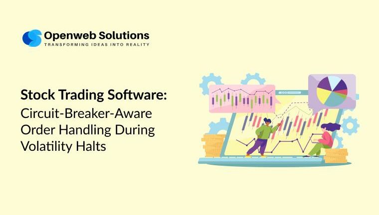 Stock trading software illustration showing circuit breaker aware order handling during volatility halts with charts and traders.