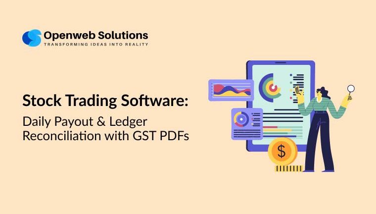 Illustration of a person reviewing an analytics dashboard with charts and a coin, representing stock trading software for daily payouts, ledger reconciliation, and GST PDF generation by Openweb Solutions.