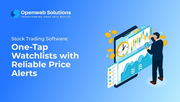 Mobile trading interface with a hand tapping a one-tap watchlist, real-time candlestick chart, alert badges and analytics — illustrating stock trading software with reliable price alerts and fast watchlist management.