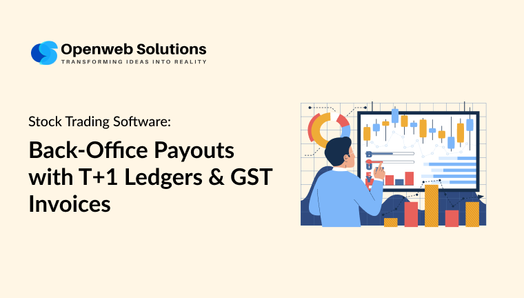 Analyst reviews charts showing T+1 ledger payouts and GST compliant invoicing in stock trading software.