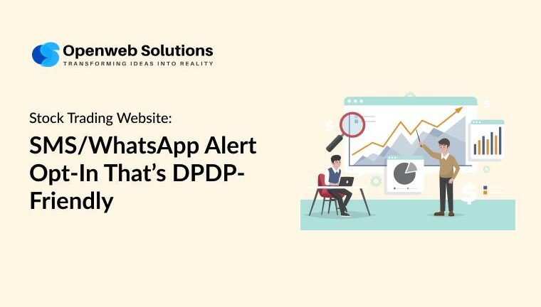 Stock trading website illustration showing analysts, charts, and an upward trend, highlighting SMS and WhatsApp opt in with DPDP compliance.