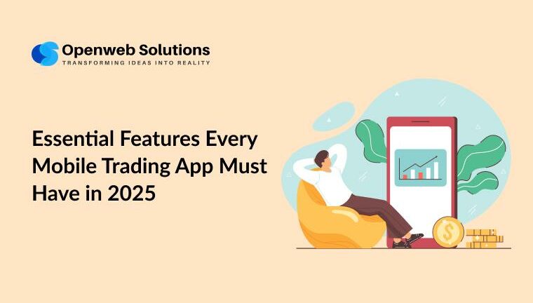 Illustration of an investor using a mobile trading app with a rising chart, cover image for essential features in 2025