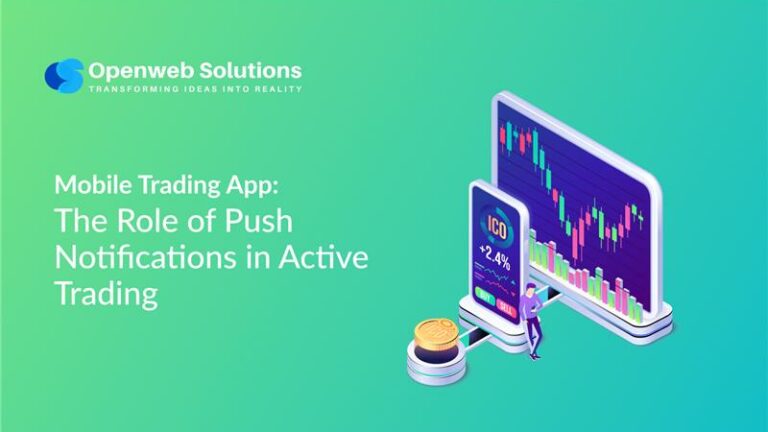 Mobile trading app illustration showing price chart and phone screen highlighting push notifications for active trading