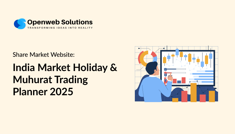 Share market website banner for India market holiday and Muhurat Trading planner 2025 with analyst viewing stock charts