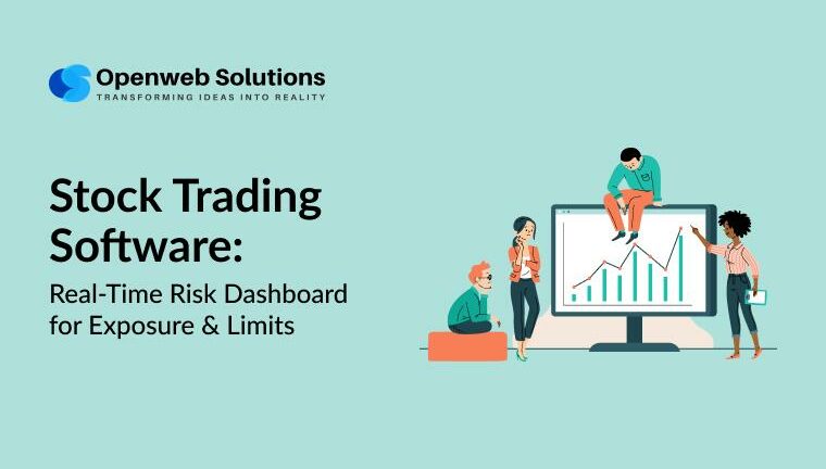Stock trading software real time risk dashboard for exposure and limits, team viewing analytics chart on a monitor, Openweb Solutions.