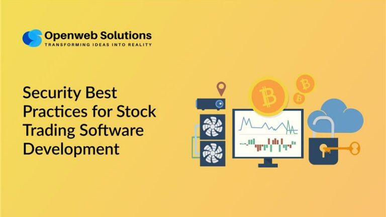 Stock trading software security best practices illustration with trading chart, cloud lock, and crypto icons