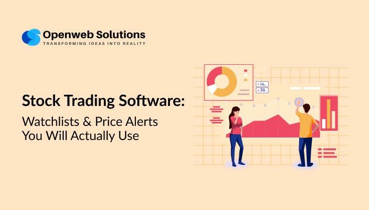 Stock trading software illustration showing charts and two people reviewing watchlists and price alerts by Open Web Solutions.