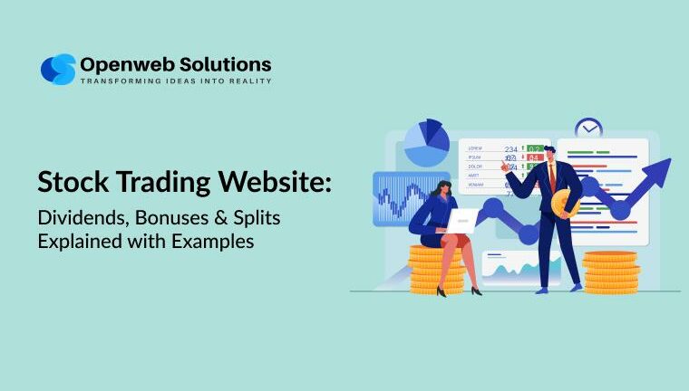 Stock Trading Website illustration showing analysts, charts, and coins to explain dividends, bonus shares, and stock splits by Openweb Solutions.