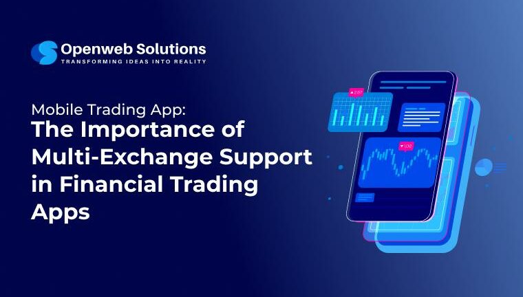 Mobile trading app illustration with live charts and notifications showing multi exchange support