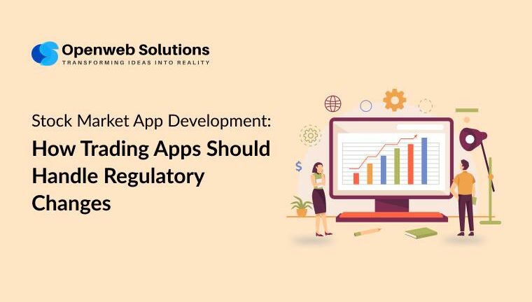 Stock market app development illustration showing charts, compliance checks and real-time monitoring for trading apps.