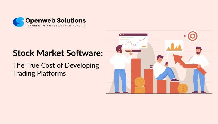 Stock market software illustration showing developers, charts and cost drivers for trading platform development.