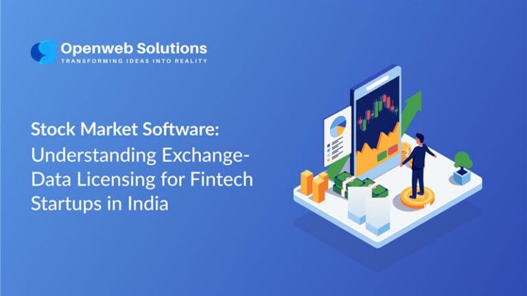 Stock market software illustration showing exchange-data licensing and market feeds for fintech startups in India.