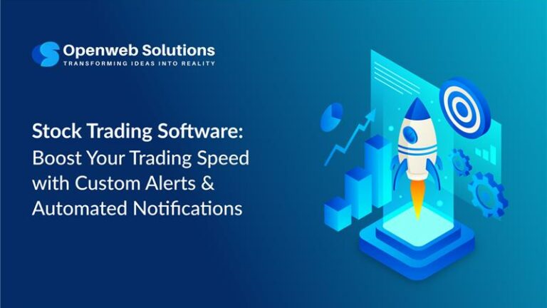 Illustration of stock trading software showing custom alerts, automated notifications, growth charts, and a rocket symbolizing faster trading speed.