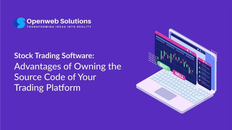 Stock trading software cover showing laptop with trading charts and buy sell buttons highlighting source code ownership benefits