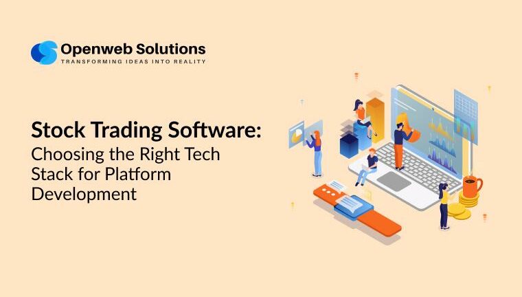 Illustration of developers building stock trading software with charts, laptop, and tech tools.