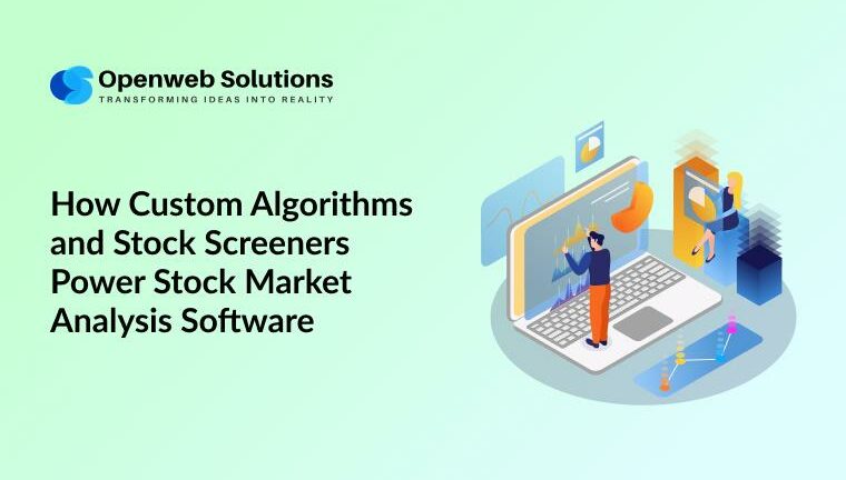 Illustration showing custom algorithms and stock screeners powering stock market analysis software with real-time charts and data insights