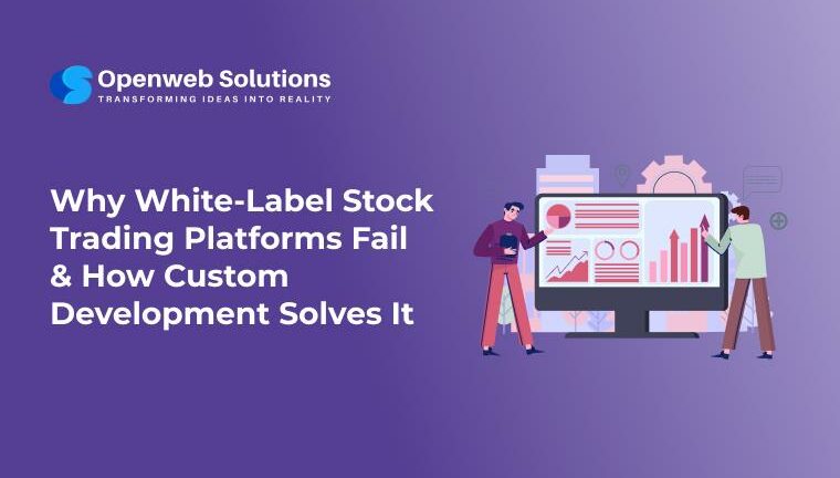 Illustration showing why white-label stock trading platforms fail and how custom stock trading platform development solves performance, scalability, and customization issues.