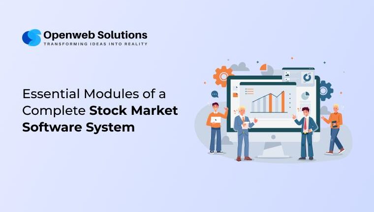 Illustration of stock market software system with trading dashboard, analytics charts, real-time data feeds, and financial technology modules.