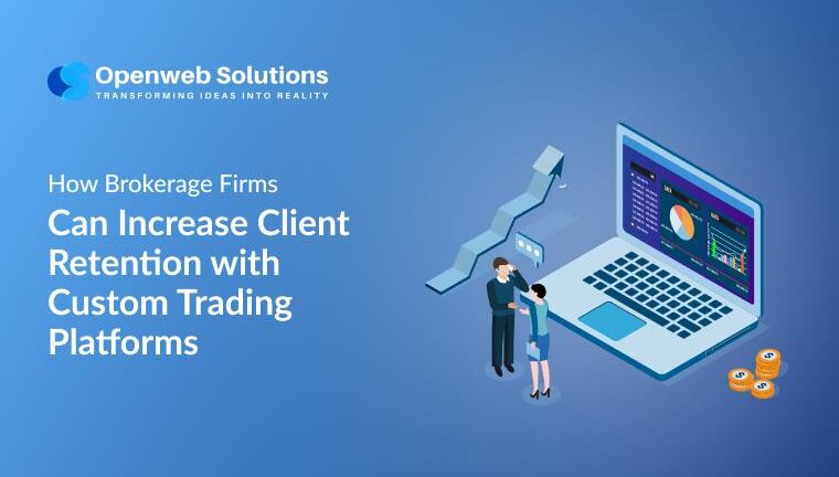 Illustration of a stock trading platform dashboard on laptop with analytics charts, growth arrow, and brokerage professionals discussing client retention.