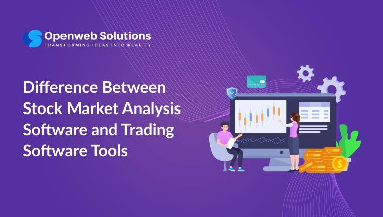 Illustration comparing stock market analysis software and trading software tools with financial data and charts.