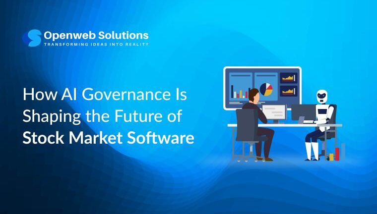 Illustration showing AI governance shaping the future of stock market software with trading dashboards, analytics screens, and an AI assistant.