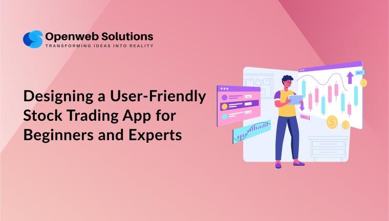 Illustration of a user-friendly stock trading app interface with charts, mobile screens, and a trader reviewing market data for beginners and experts.