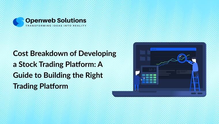 Illustration of stock trading platform development cost analysis with trading dashboard, market chart, and software planning visuals
