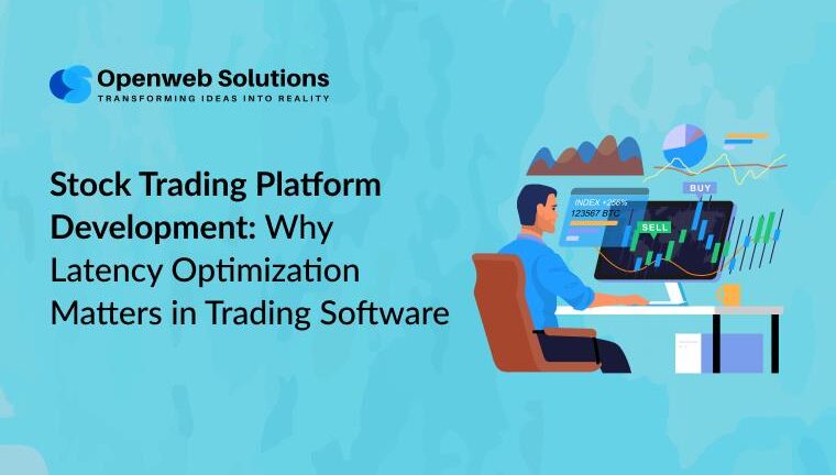 Illustration of stock trading platform development showing a trader dashboard and market charts focused on latency optimization in trading software